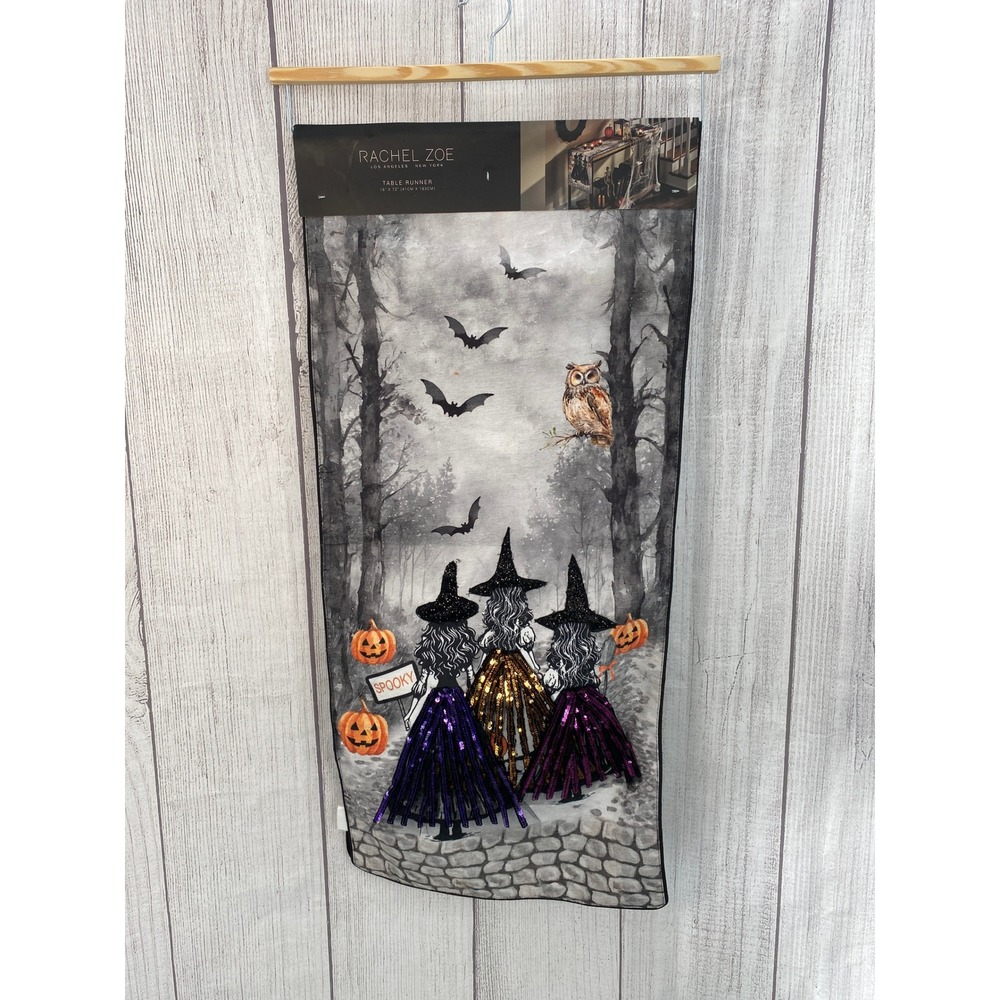 Rachel Zoe Table Runner Halloween 16x72 Gray Witches Sequins Pumpkins Bats Owl